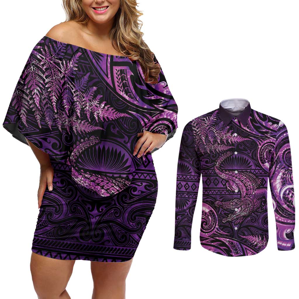 Aotearoa New Zealand Crocodile Couples Matching Off Shoulder Short Dress and Long Sleeve Button Shirt Silver Fern Maori Pattern