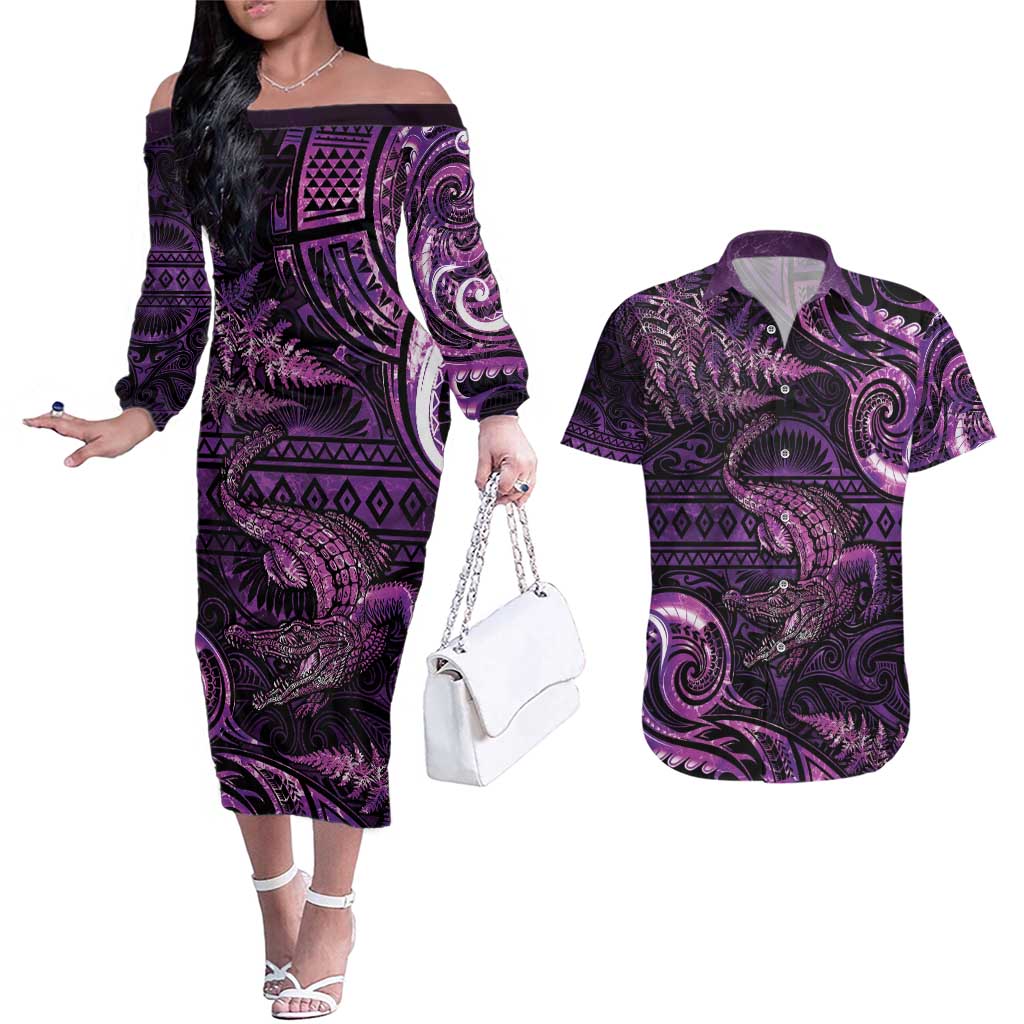 Aotearoa New Zealand Crocodile Couples Matching Off The Shoulder Long Sleeve Dress and Hawaiian Shirt Silver Fern Maori Pattern LT05 Purple - Polynesian Pride