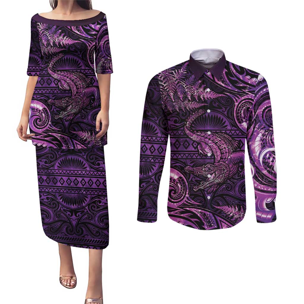 Aotearoa New Zealand Crocodile Couples Matching Puletasi and Long Sleeve Button Shirt Silver Fern Maori Pattern LT05 Purple - Polynesian Pride