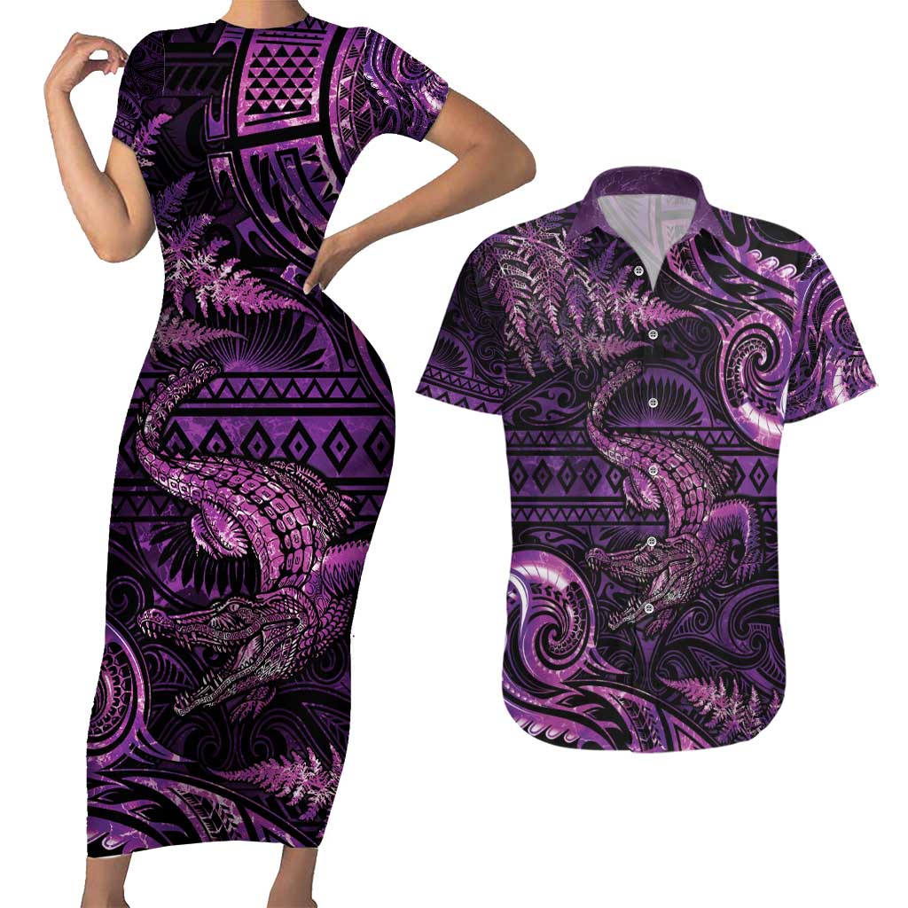Aotearoa New Zealand Crocodile Couples Matching Short Sleeve Bodycon Dress and Hawaiian Shirt Silver Fern Maori Pattern LT05 Purple - Polynesian Pride