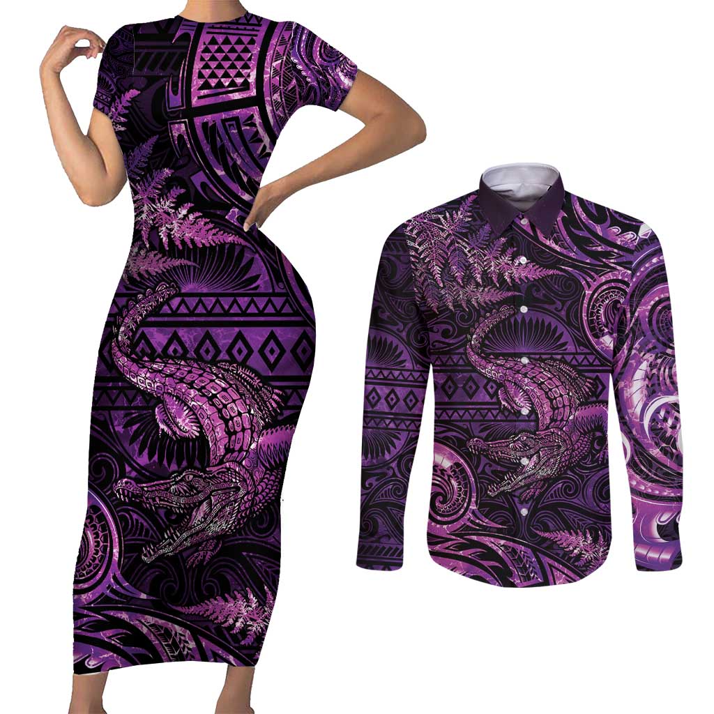 Aotearoa New Zealand Crocodile Couples Matching Short Sleeve Bodycon Dress and Long Sleeve Button Shirt Silver Fern Maori Pattern