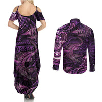 Aotearoa New Zealand Crocodile Couples Matching Summer Maxi Dress and Long Sleeve Button Shirt Silver Fern Maori Pattern LT05 - Polynesian Pride