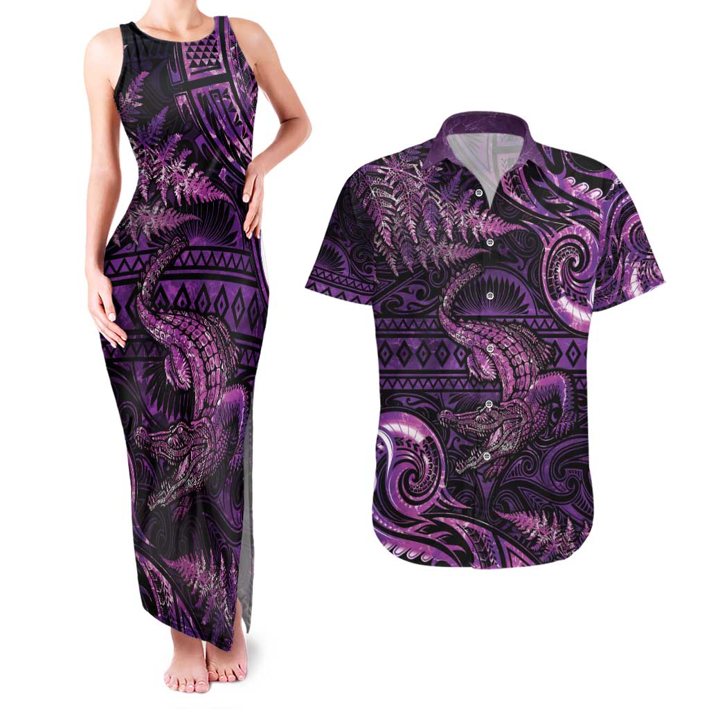 Aotearoa New Zealand Crocodile Couples Matching Tank Maxi Dress and Hawaiian Shirt Silver Fern Maori Pattern LT05 Purple - Polynesian Pride