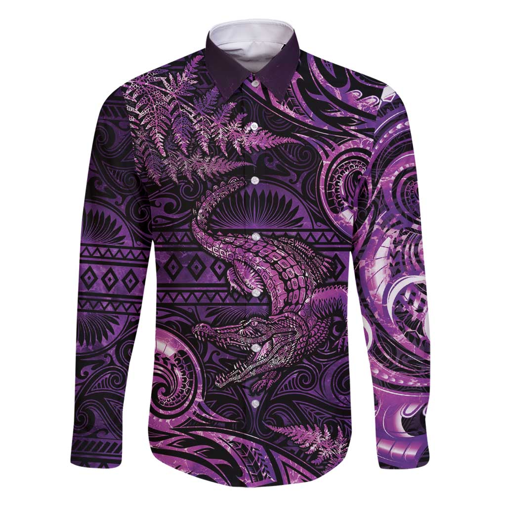 Aotearoa New Zealand Crocodile Family Matching Mermaid Dress and Hawaiian Shirt Silver Fern Maori Pattern LT05 Dad's Shirt - Long Sleeve Purple - Polynesian Pride