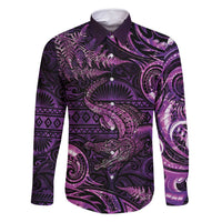 Aotearoa New Zealand Crocodile Family Matching Mermaid Dress and Hawaiian Shirt Silver Fern Maori Pattern LT05 Dad's Shirt - Long Sleeve Purple - Polynesian Pride