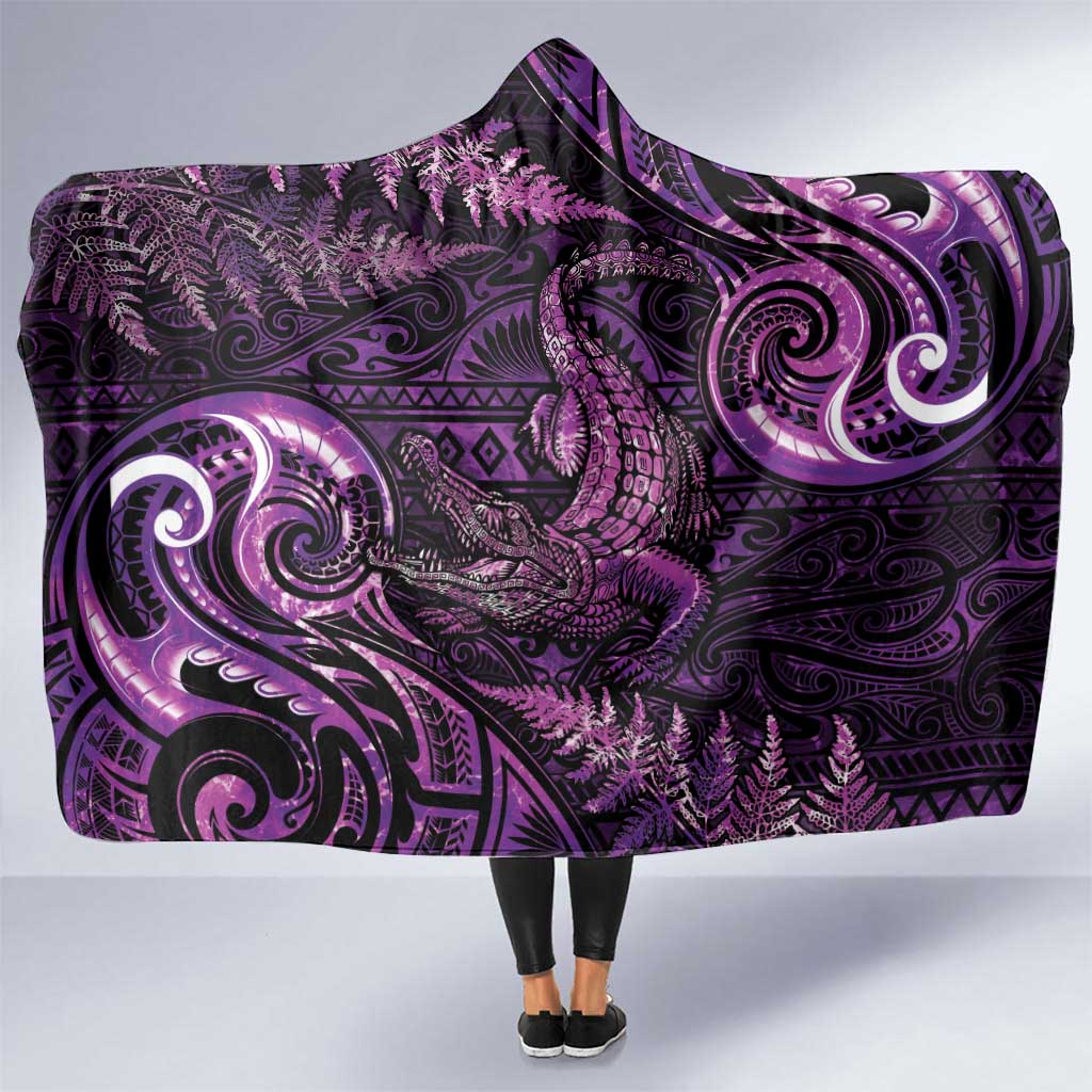 Aotearoa New Zealand Crocodile Hooded Blanket Silver Fern Maori Pattern LT05 One Size Purple - Polynesian Pride