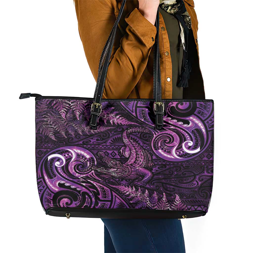 Aotearoa New Zealand Crocodile Leather Tote Bag Silver Fern Maori Pattern LT05 - Polynesian Pride
