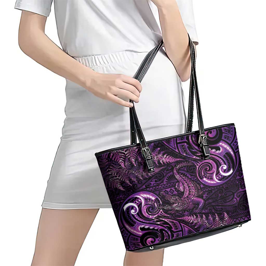 Aotearoa New Zealand Crocodile Leather Tote Bag Silver Fern Maori Pattern LT05 - Polynesian Pride
