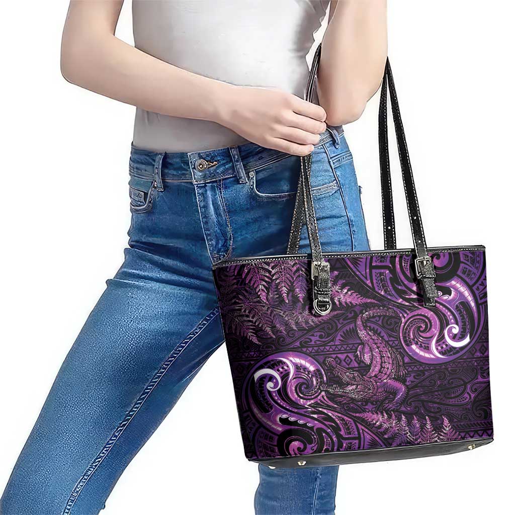 Aotearoa New Zealand Crocodile Leather Tote Bag Silver Fern Maori Pattern LT05 - Polynesian Pride