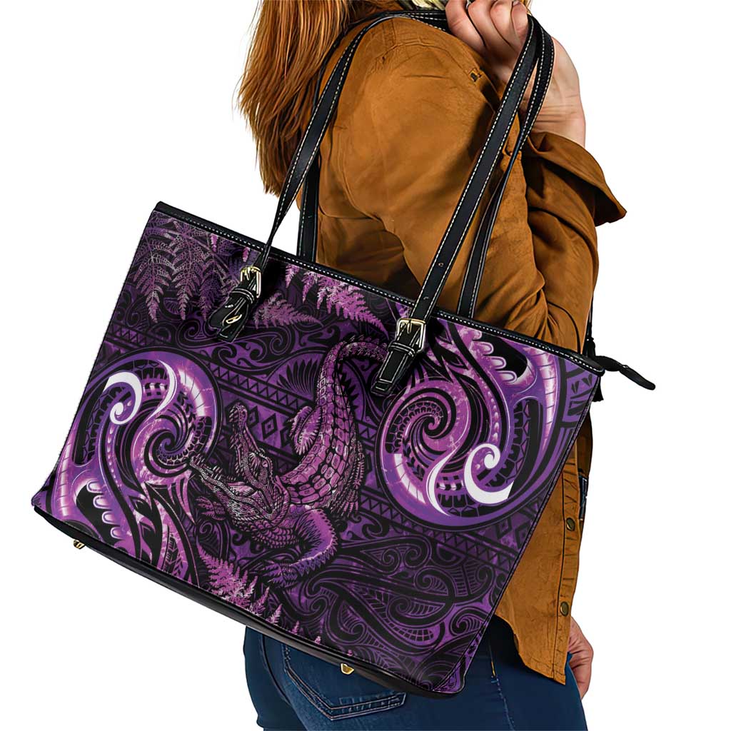 Aotearoa New Zealand Crocodile Leather Tote Bag Silver Fern Maori Pattern LT05 - Polynesian Pride