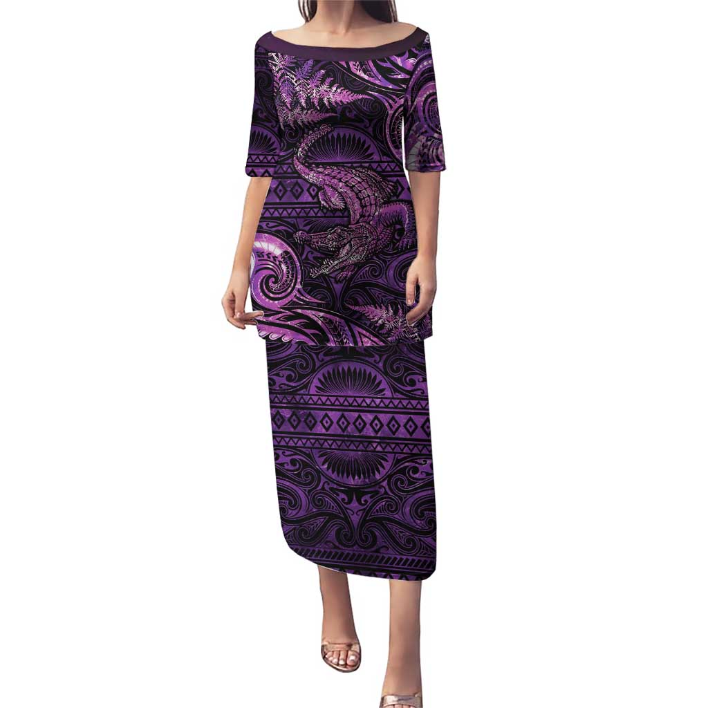 Aotearoa New Zealand Crocodile Puletasi Silver Fern Maori Pattern LT05 Long Dress Purple - Polynesian Pride