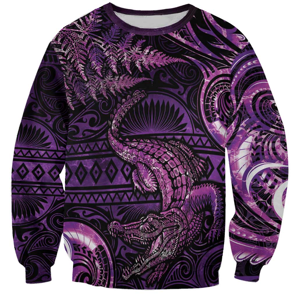 Aotearoa New Zealand Crocodile Sweatshirt Silver Fern Maori Pattern LT05 Unisex Purple - Polynesian Pride