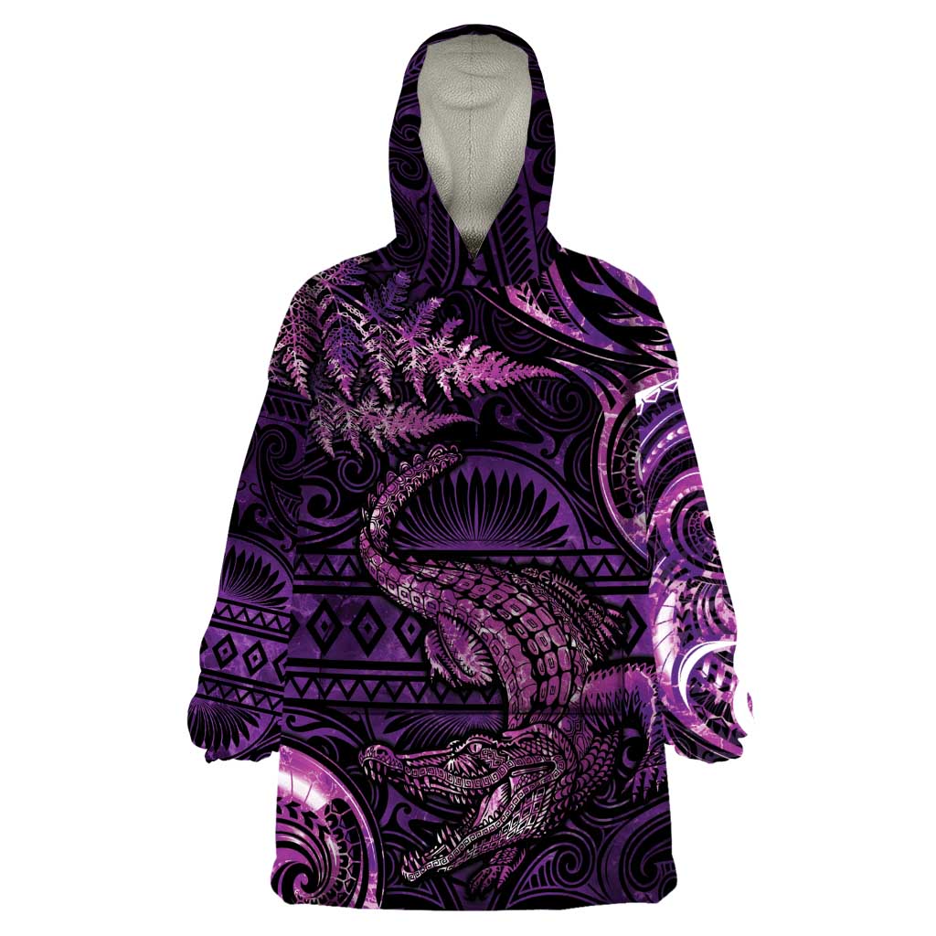 Aotearoa New Zealand Crocodile Wearable Blanket Hoodie Silver Fern Maori Pattern LT05 One Size Purple - Polynesian Pride
