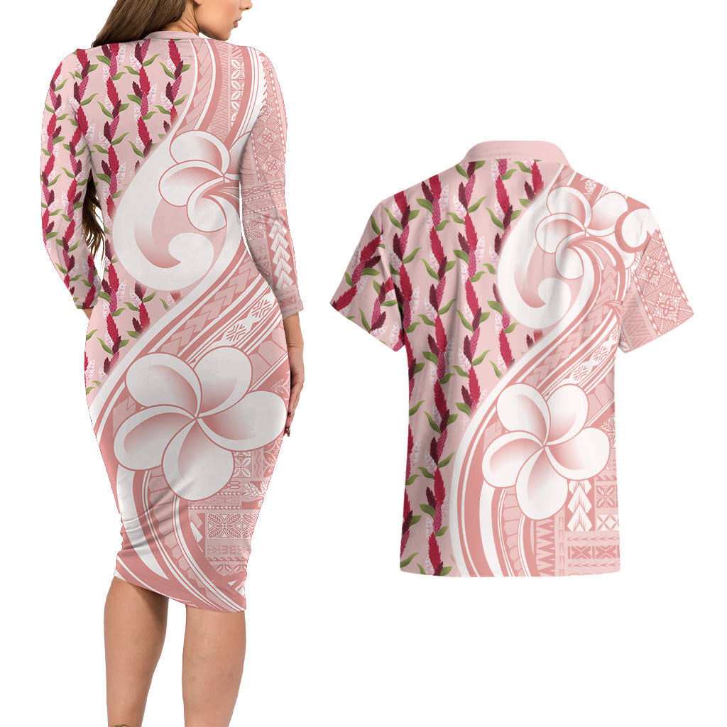 Samoa Teuila Couples Matching Long Sleeve Bodycon Dress and Hawaiian Shirt Pink Samoan Siapo Motifs