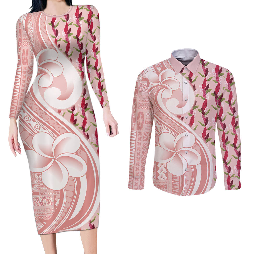 Samoa Teuila Couples Matching Long Sleeve Bodycon Dress and Long Sleeve Button Shirt Pink Samoan Siapo Motifs LT05 Pink - Polynesian Pride