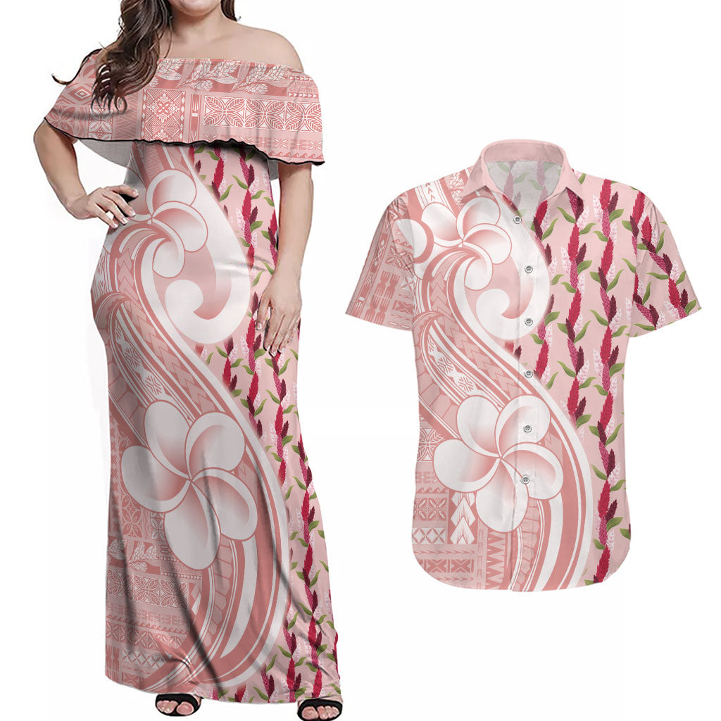 Samoa Teuila Couples Matching Off Shoulder Maxi Dress and Hawaiian Shirt Pink Samoan Siapo Motifs LT05 Pink - Polynesian Pride