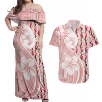 Samoa Teuila Couples Matching Off Shoulder Maxi Dress and Hawaiian Shirt Pink Samoan Siapo Motifs