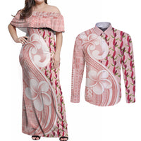 Samoa Teuila Couples Matching Off Shoulder Maxi Dress and Long Sleeve Button Shirt Pink Samoan Siapo Motifs