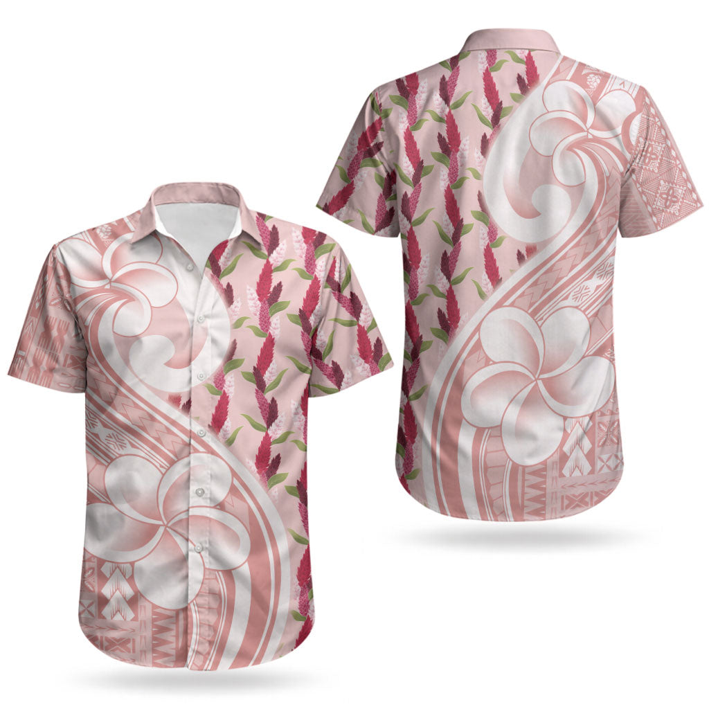 Samoa Teuila Couples Matching Off Shoulder Short Dress and Hawaiian Shirt Pink Samoan Siapo Motifs LT05 - Polynesian Pride