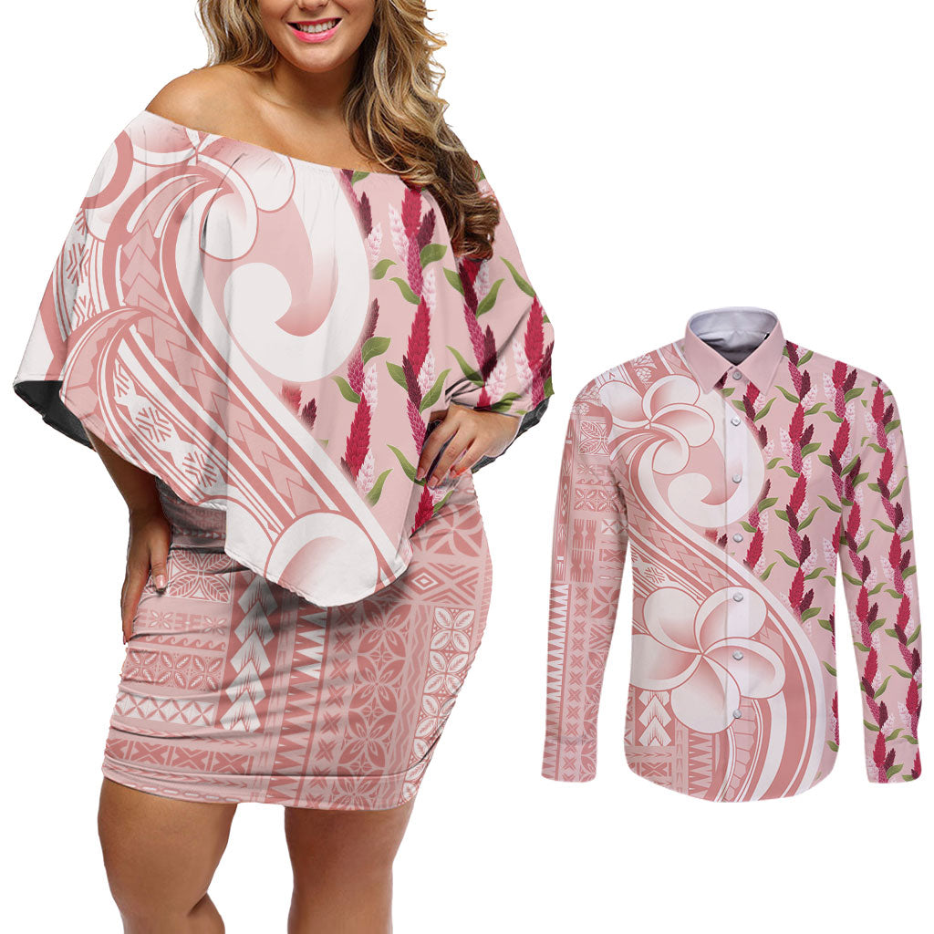 Samoa Teuila Couples Matching Off Shoulder Short Dress and Long Sleeve Button Shirt Pink Samoan Siapo Motifs