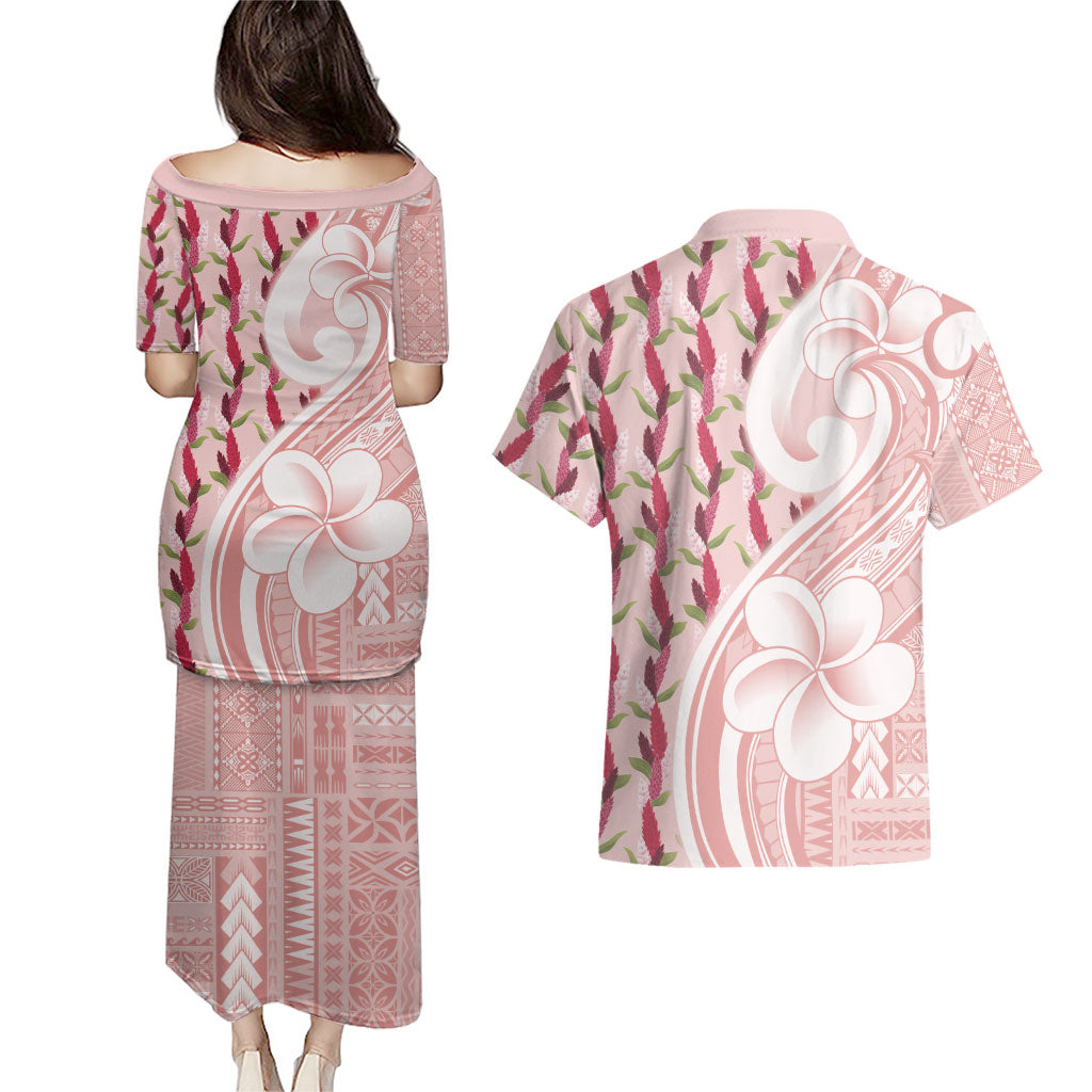 Samoa Teuila Couples Matching Puletasi and Hawaiian Shirt Pink Samoan Siapo Motifs