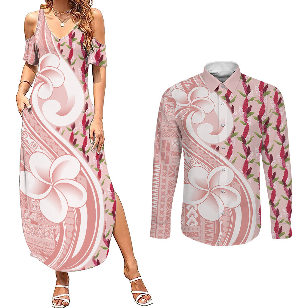 Samoa Teuila Couples Matching Summer Maxi Dress and Long Sleeve Button Shirt Pink Samoan Siapo Motifs LT05 Pink - Polynesian Pride