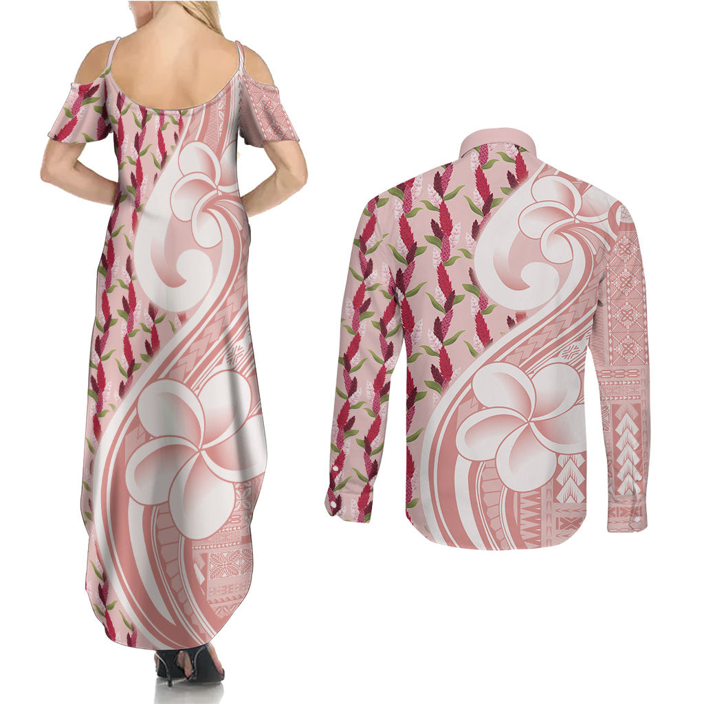 Samoa Teuila Couples Matching Summer Maxi Dress and Long Sleeve Button Shirt Pink Samoan Siapo Motifs