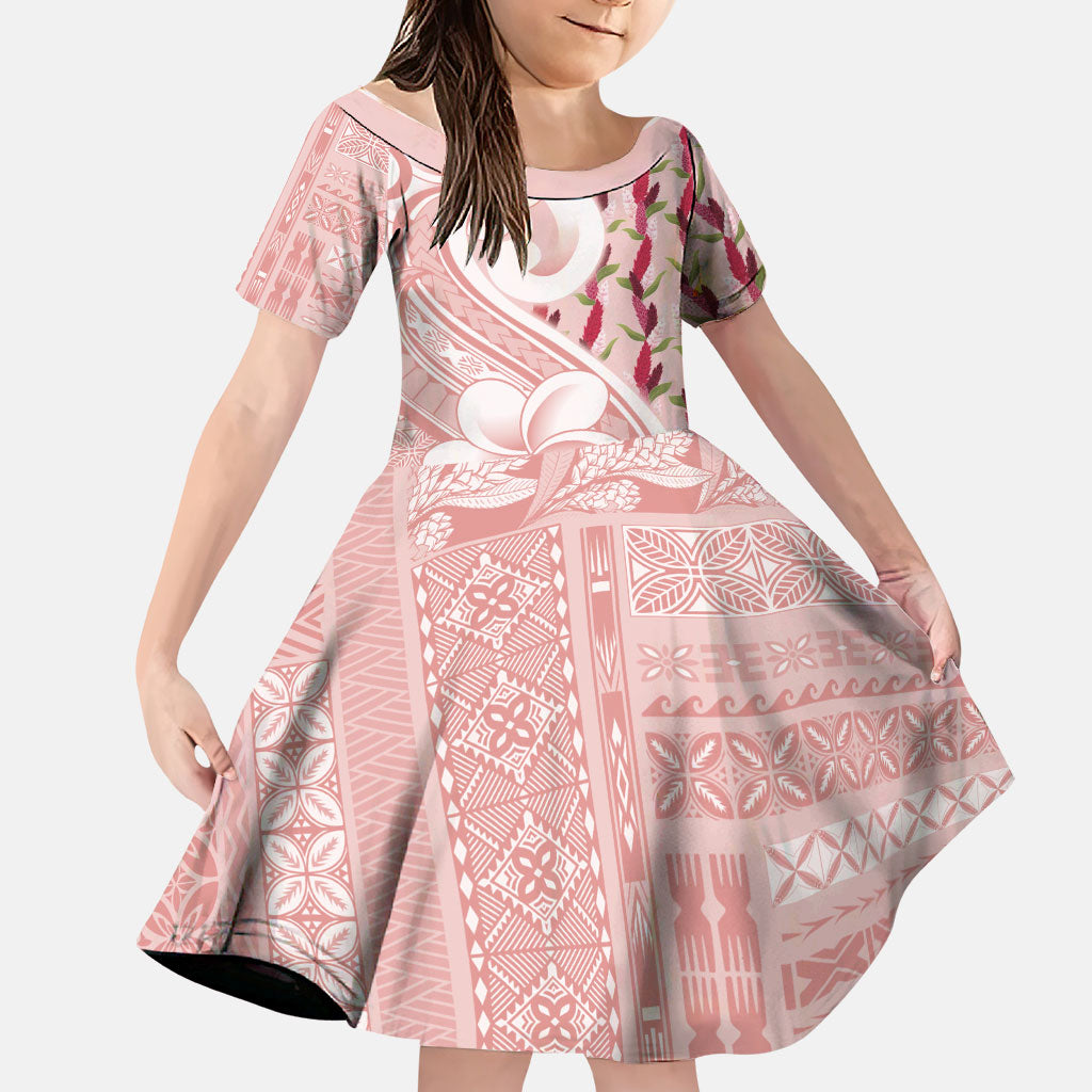 Samoa Teuila Family Matching Off Shoulder Maxi Dress and Hawaiian Shirt Pink Samoan Siapo Motifs