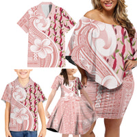 Samoa Teuila Family Matching Off Shoulder Short Dress and Hawaiian Shirt Pink Samoan Siapo Motifs