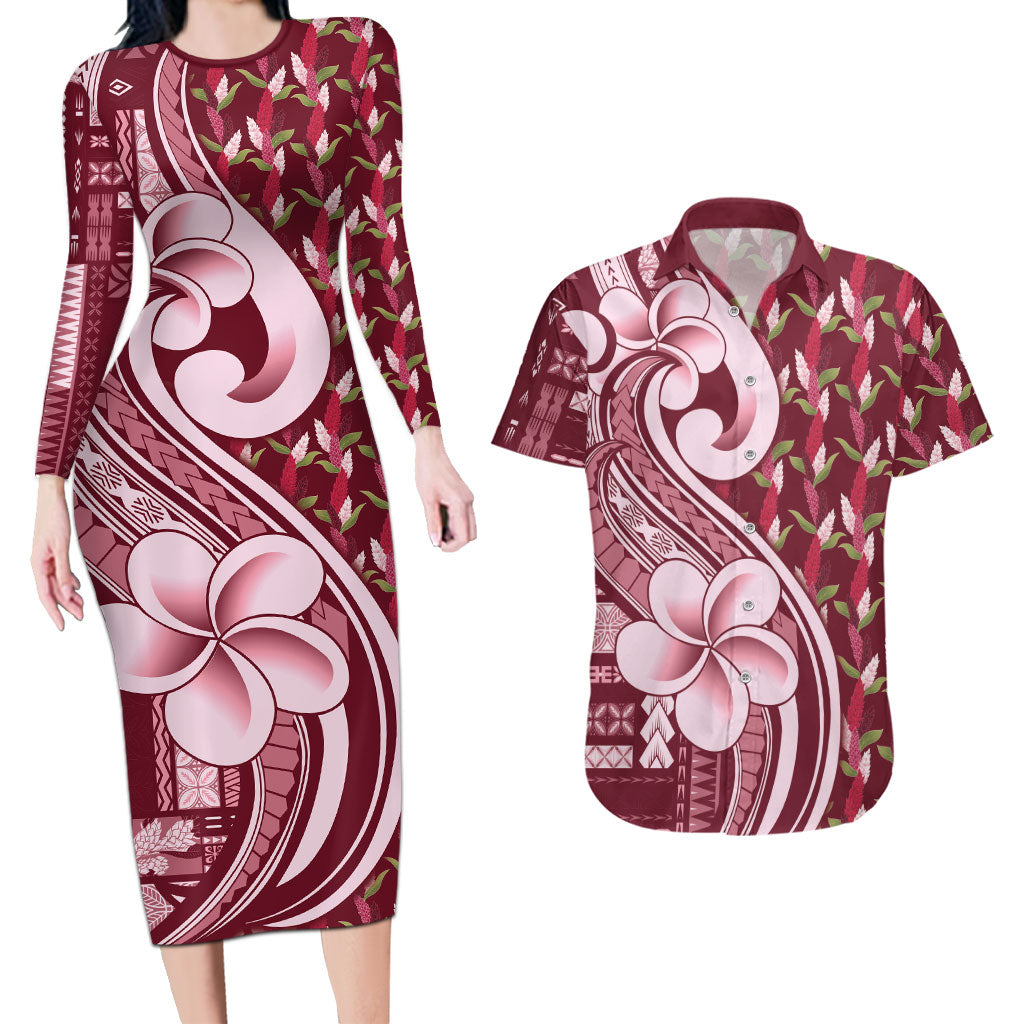 Samoa Teuila Couples Matching Long Sleeve Bodycon Dress and Hawaiian Shirt Maroon Samoan Siapo Motifs LT05 Maroon - Polynesian Pride