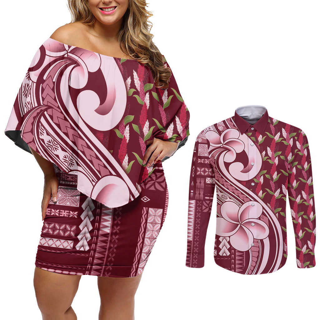 Samoa Teuila Couples Matching Off Shoulder Short Dress and Long Sleeve Button Shirt Maroon Samoan Siapo Motifs