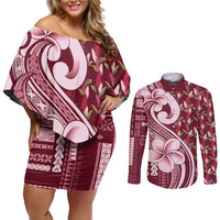 Samoa Teuila Couples Matching Off Shoulder Short Dress and Long Sleeve Button Shirt Maroon Samoan Siapo Motifs