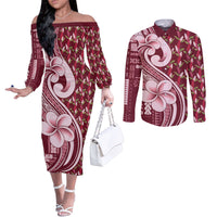 Samoa Teuila Couples Matching Off The Shoulder Long Sleeve Dress and Long Sleeve Button Shirt Maroon Samoan Siapo Motifs
