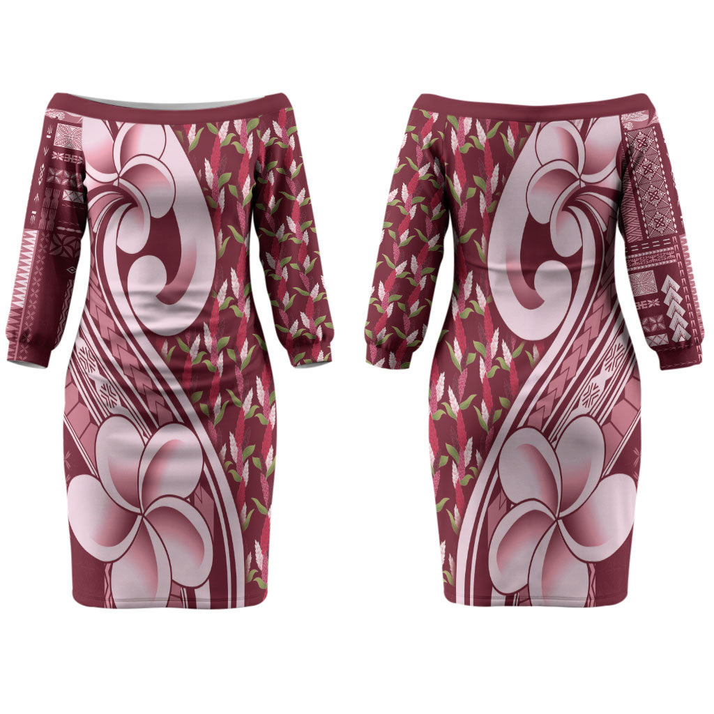 Samoa Teuila Couples Matching Off The Shoulder Long Sleeve Dress and Long Sleeve Button Shirt Maroon Samoan Siapo Motifs LT05 - Polynesian Pride