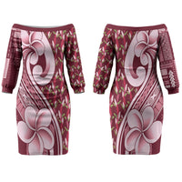 Samoa Teuila Couples Matching Off The Shoulder Long Sleeve Dress and Long Sleeve Button Shirt Maroon Samoan Siapo Motifs LT05 - Polynesian Pride