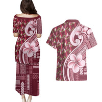 Samoa Teuila Couples Matching Puletasi and Hawaiian Shirt Maroon Samoan Siapo Motifs