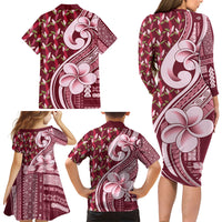 Samoa Teuila Family Matching Long Sleeve Bodycon Dress and Hawaiian Shirt Maroon Samoan Siapo Motifs
