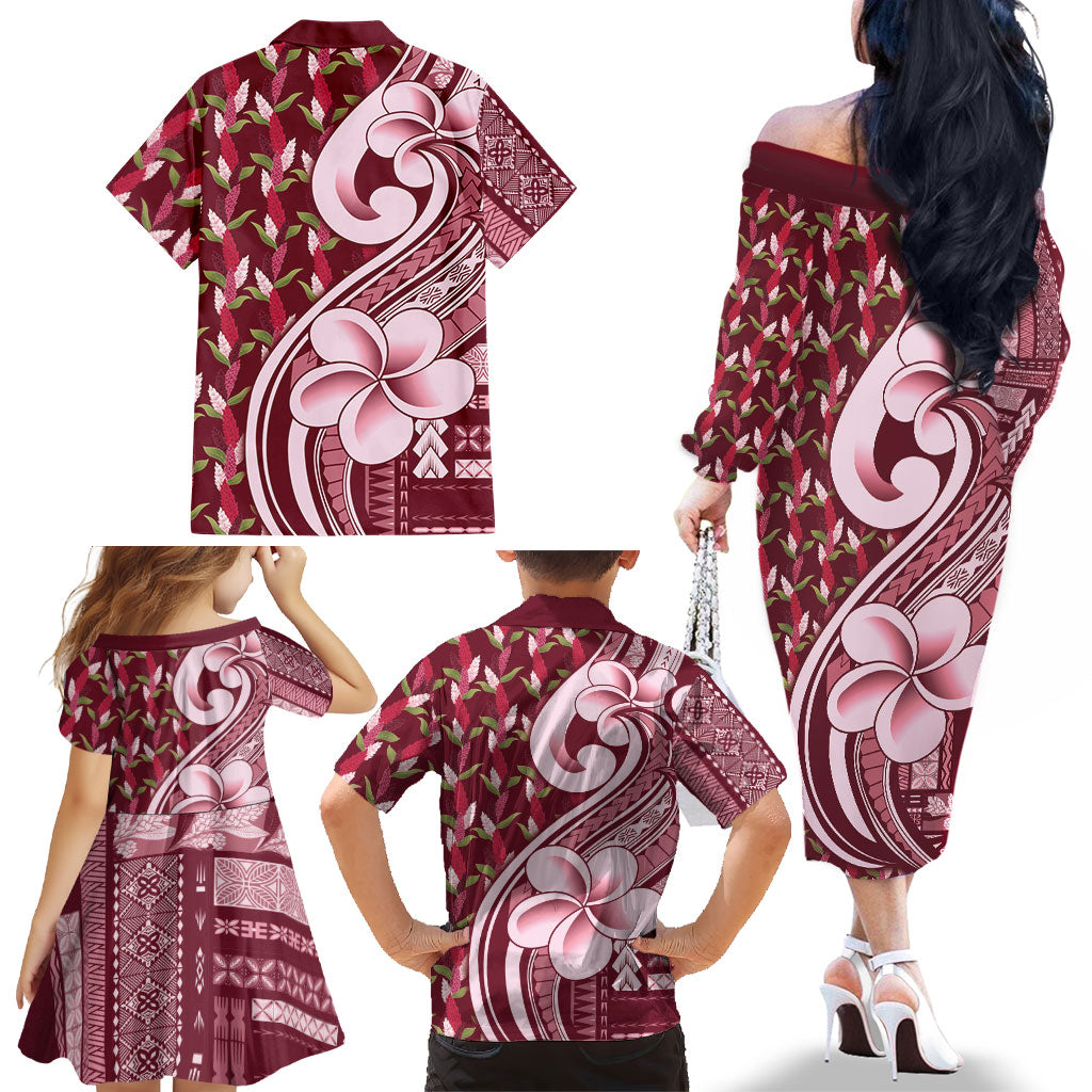 Samoa Teuila Family Matching Off The Shoulder Long Sleeve Dress and Hawaiian Shirt Maroon Samoan Siapo Motifs