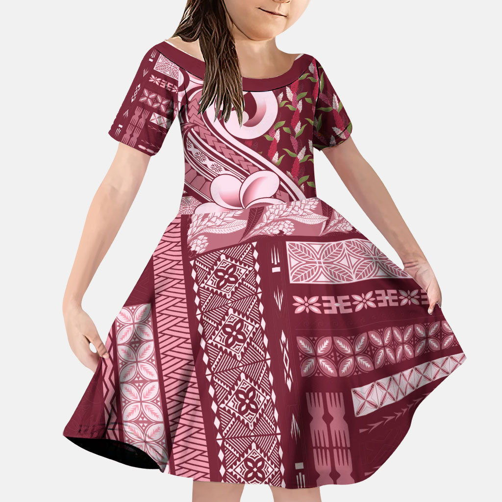 Samoa Teuila Family Matching Off Shoulder Short Dress and Hawaiian Shirt Maroon Samoan Siapo Motifs