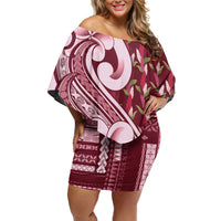 Samoa Teuila Family Matching Off Shoulder Short Dress and Hawaiian Shirt Maroon Samoan Siapo Motifs