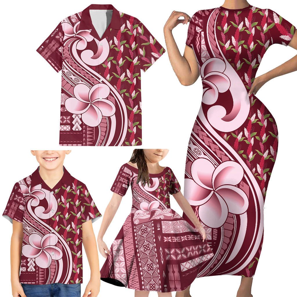 Samoa Teuila Family Matching Short Sleeve Bodycon Dress and Hawaiian Shirt Maroon Samoan Siapo Motifs LT05 - Polynesian Pride