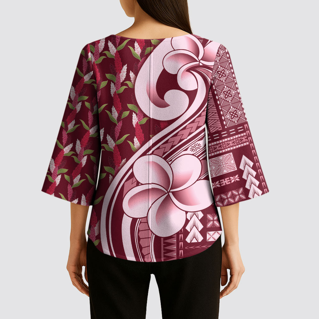 Samoa Teuila Kimono Sleeve Blouse Maroon Samoan Siapo Motifs