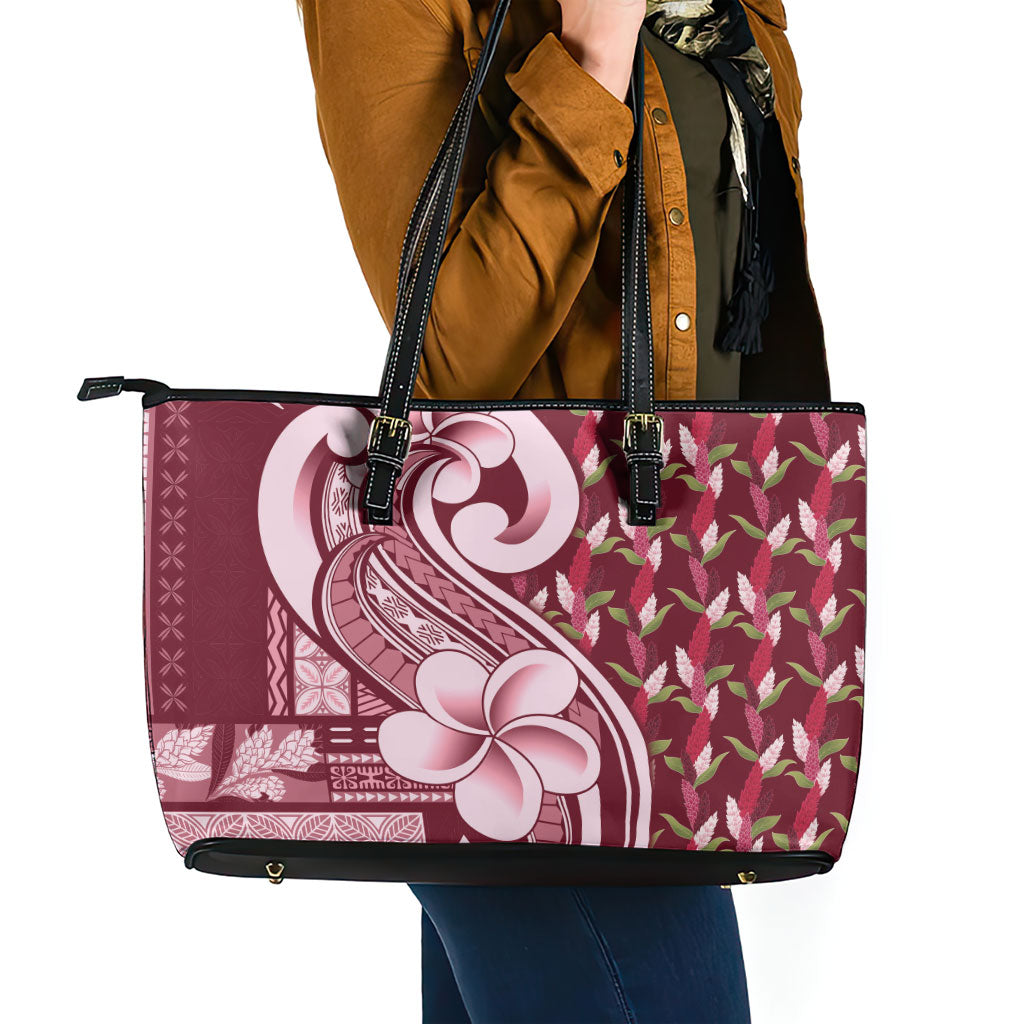 Samoa Teuila Leather Tote Bag Maroon Samoan Siapo Motifs
