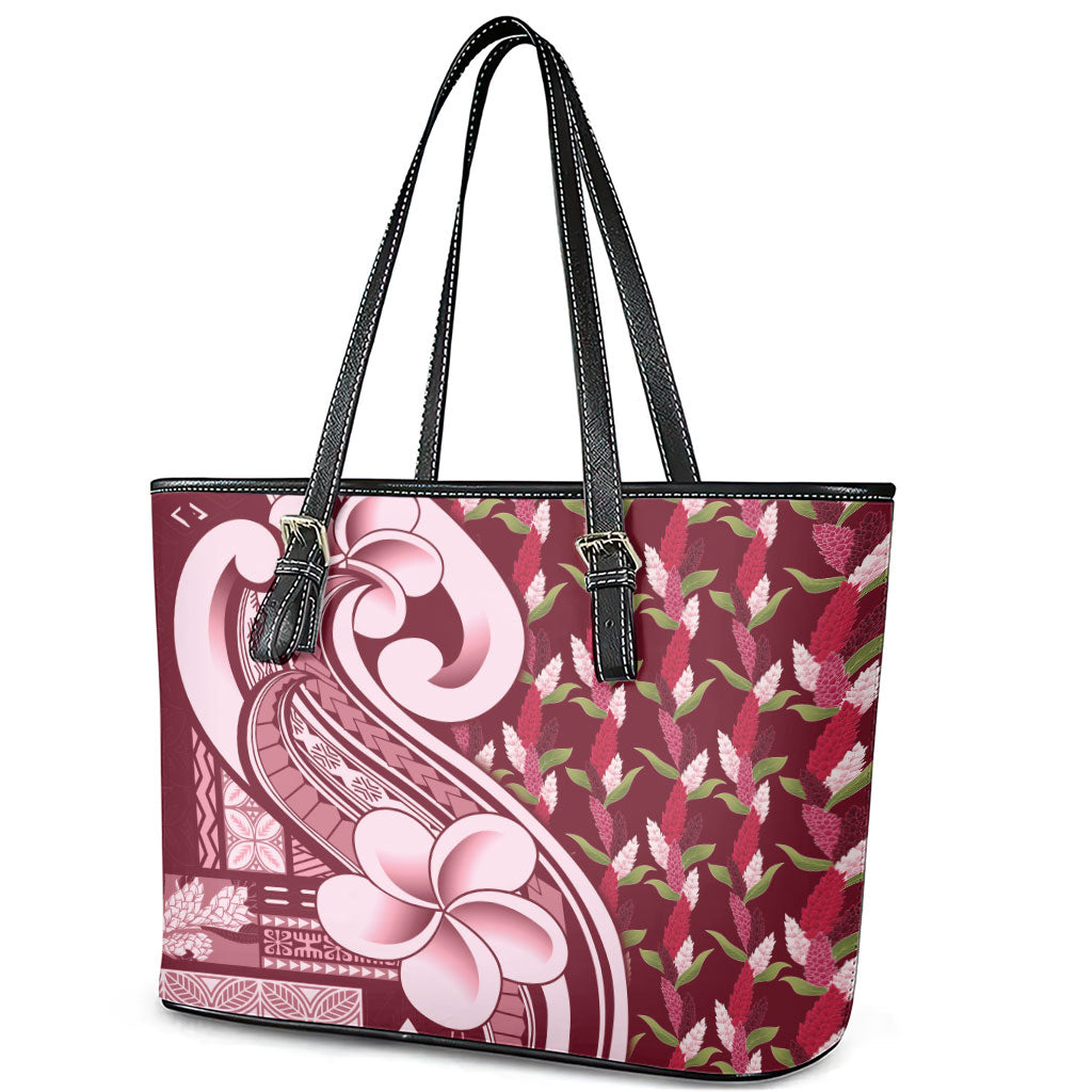 Samoa Teuila Leather Tote Bag Maroon Samoan Siapo Motifs