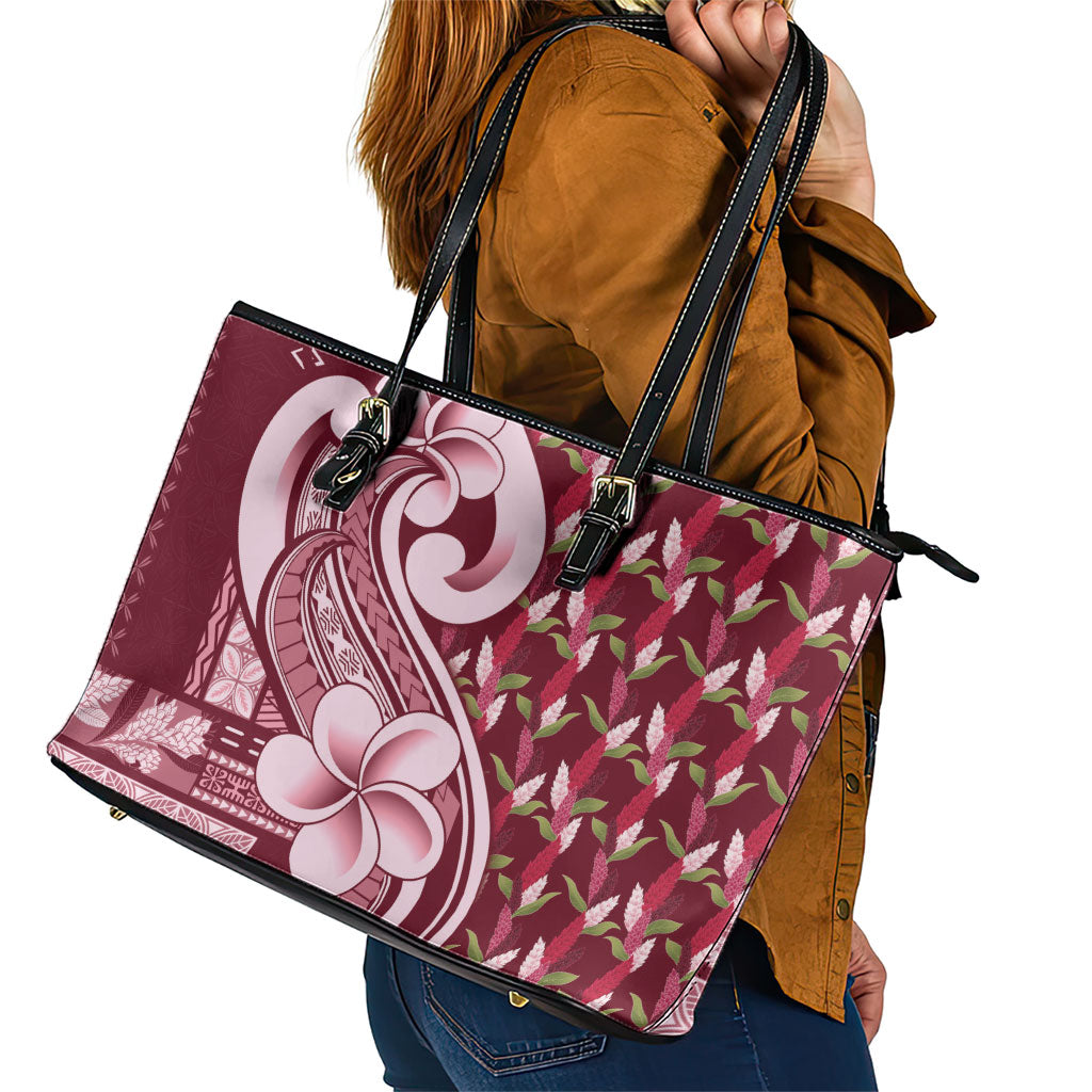 Samoa Teuila Leather Tote Bag Maroon Samoan Siapo Motifs