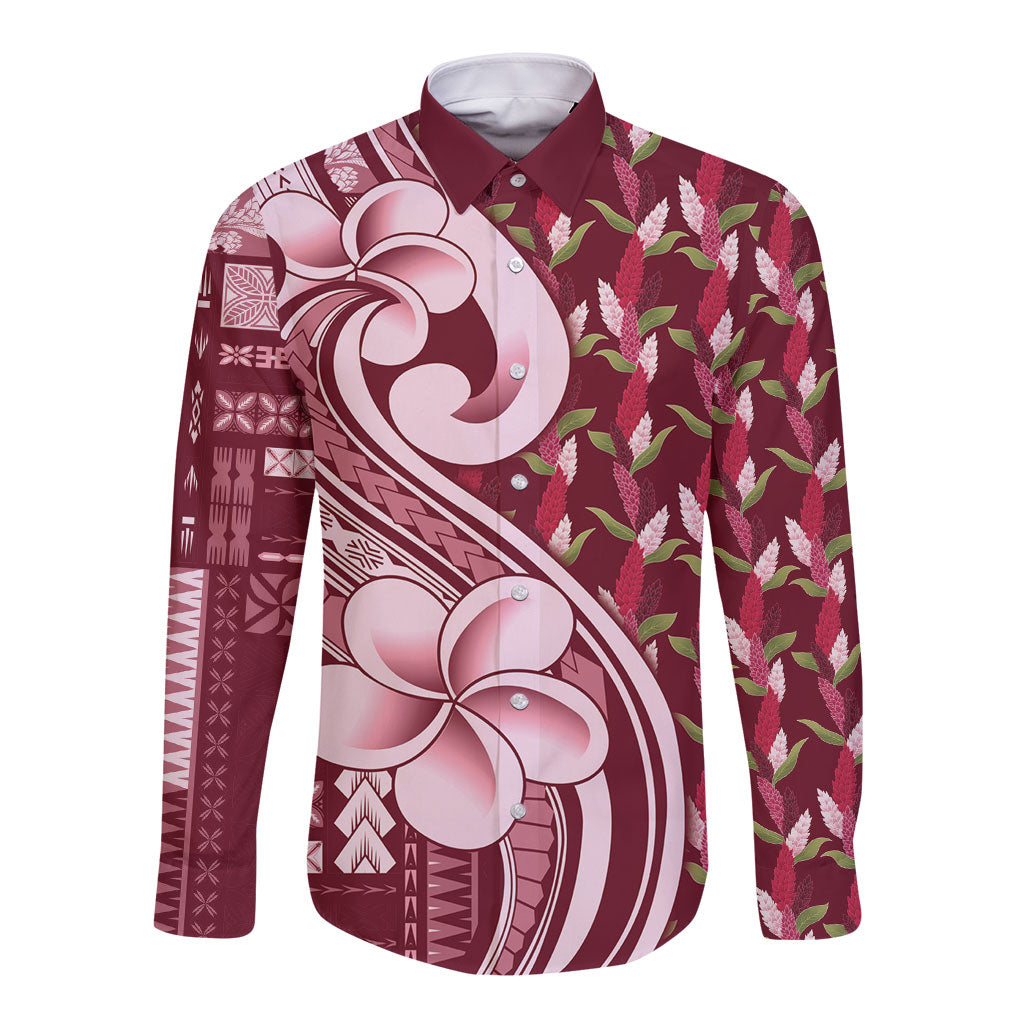 Samoa Teuila Long Sleeve Button Shirt Maroon Samoan Siapo Motifs
