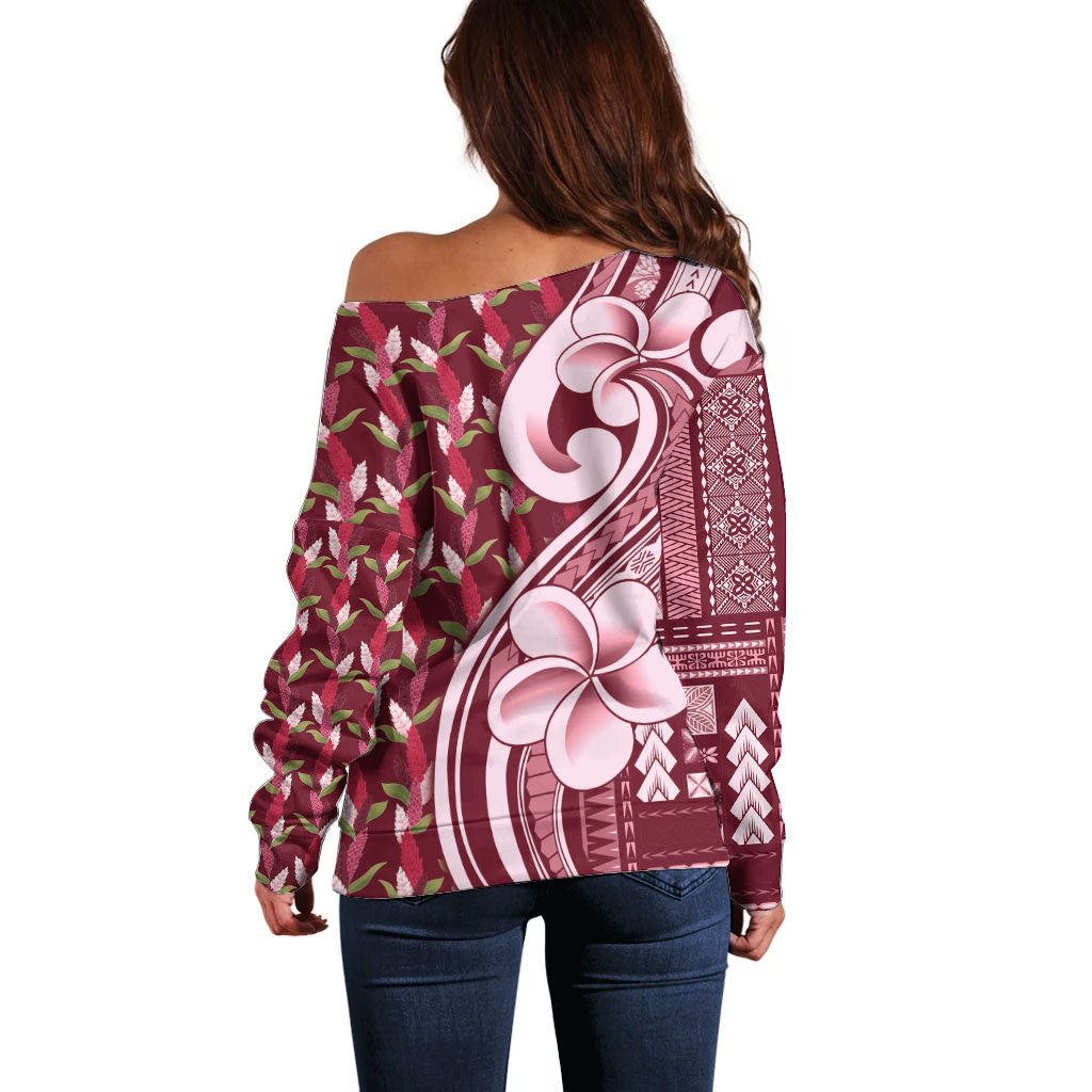 Samoa Teuila Off Shoulder Sweater Maroon Samoan Siapo Motifs