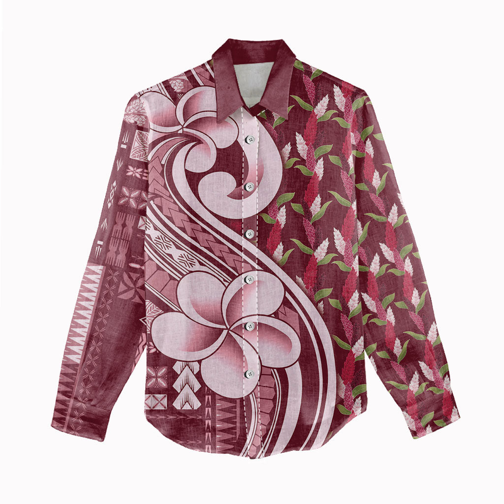 Samoa Teuila Women Casual Shirt Maroon Samoan Siapo Motifs