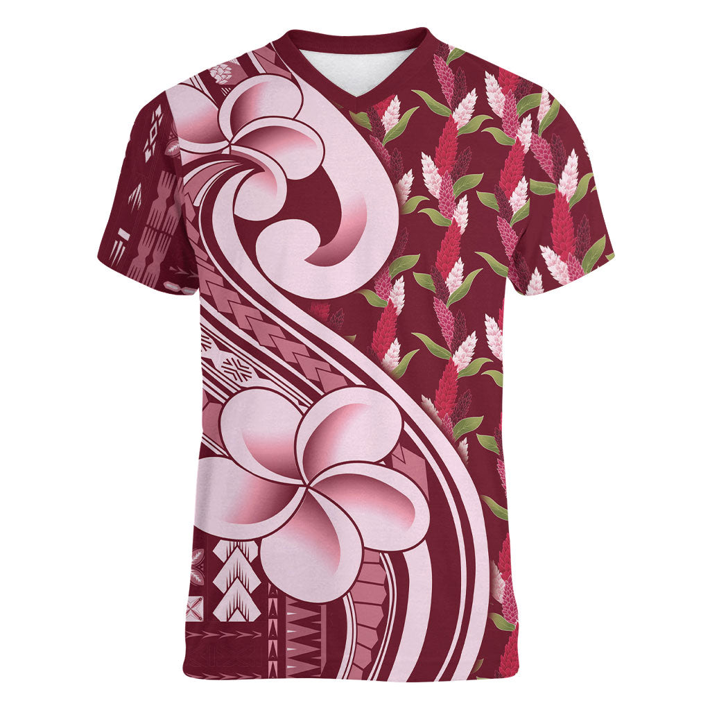 Samoa Teuila Women V-Neck T-Shirt Maroon Samoan Siapo Motifs