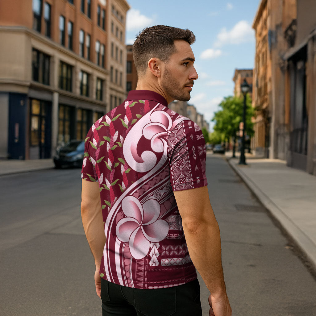 Samoa Teuila Zipper Polo Shirt Maroon Samoan Siapo Motifs